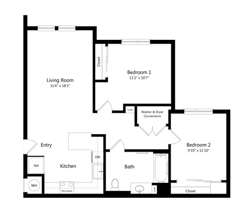 Floor plan for 2 beds, 1 bath, 879 sqft